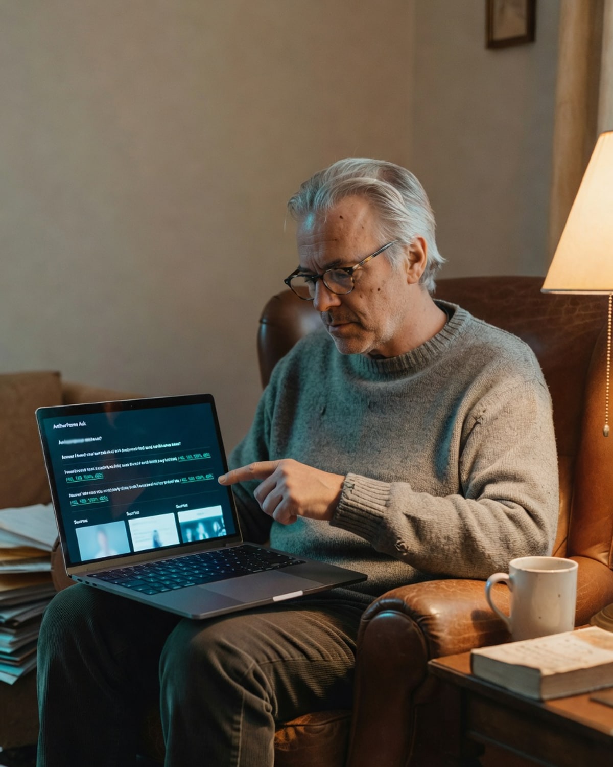 A man with reading glasses on a leather chair, laptop on his thigh — the Aetherframe Ask interface with three citation pips on the answer.