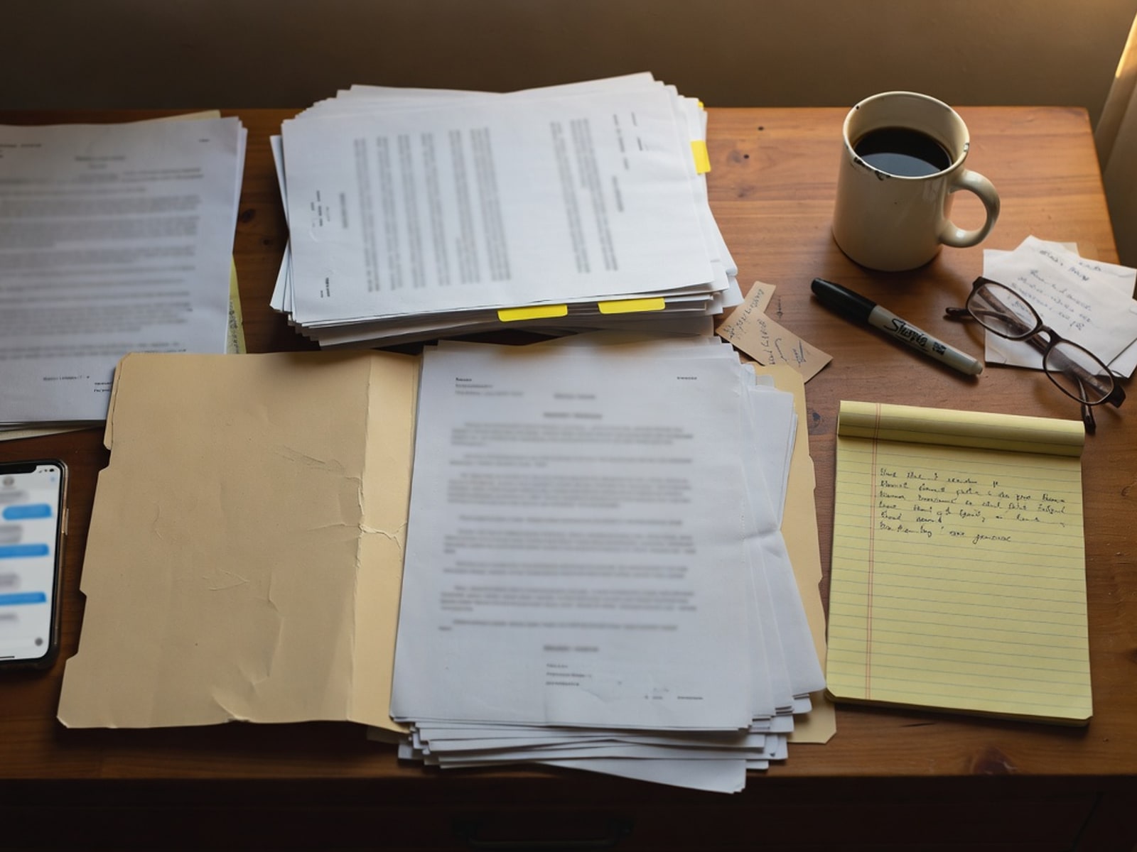 Top-down of a real working desk — manila folder, photographed receipts, a phone with a screenshotted thread, a yellow legal pad of handwritten notes.